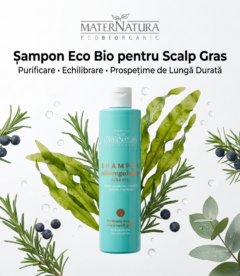 Sampon pentru par si scalp gras MaterNatura - regleaza sebumul, curata delicat, purifica scalpul, prelungeste prospetimea parului, pentru scalp gras, eco bio organic 250ml cu extract de kelp, ienupar si rozmarin